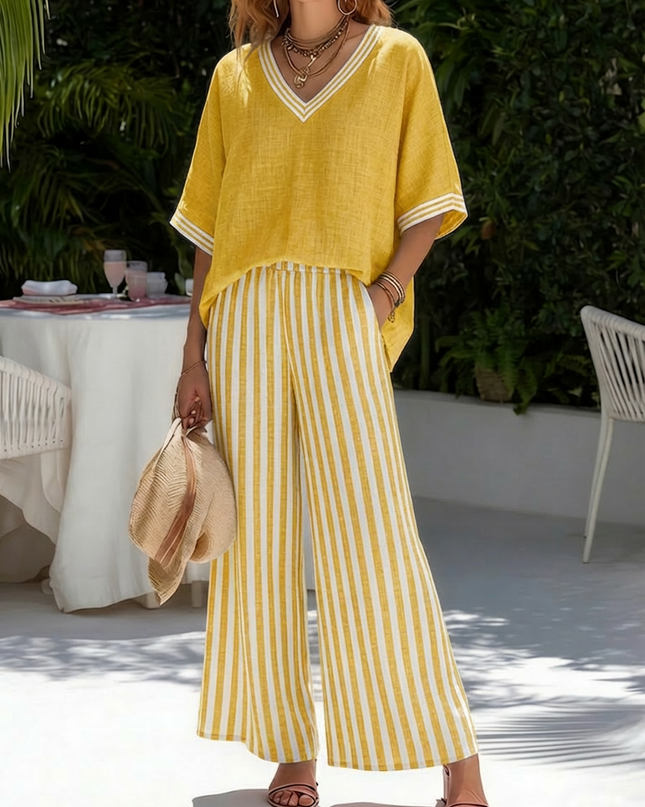Women's Printed Wide Leg Pants Set V Neck Top