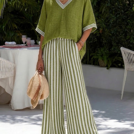 Women's Printed Wide Leg Pants Set V Neck Top
