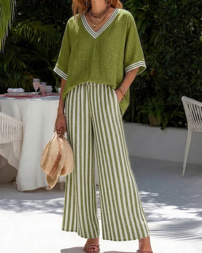 Women's Printed Wide Leg Pants Set V Neck Top