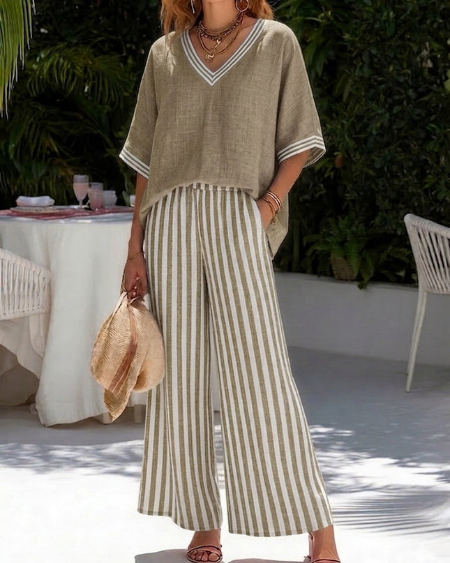 Women's Printed Wide Leg Pants Set V Neck Top