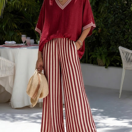 Women's Printed Wide Leg Pants Set V Neck Top