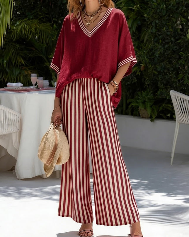 Women's Printed Wide Leg Pants Set V Neck Top