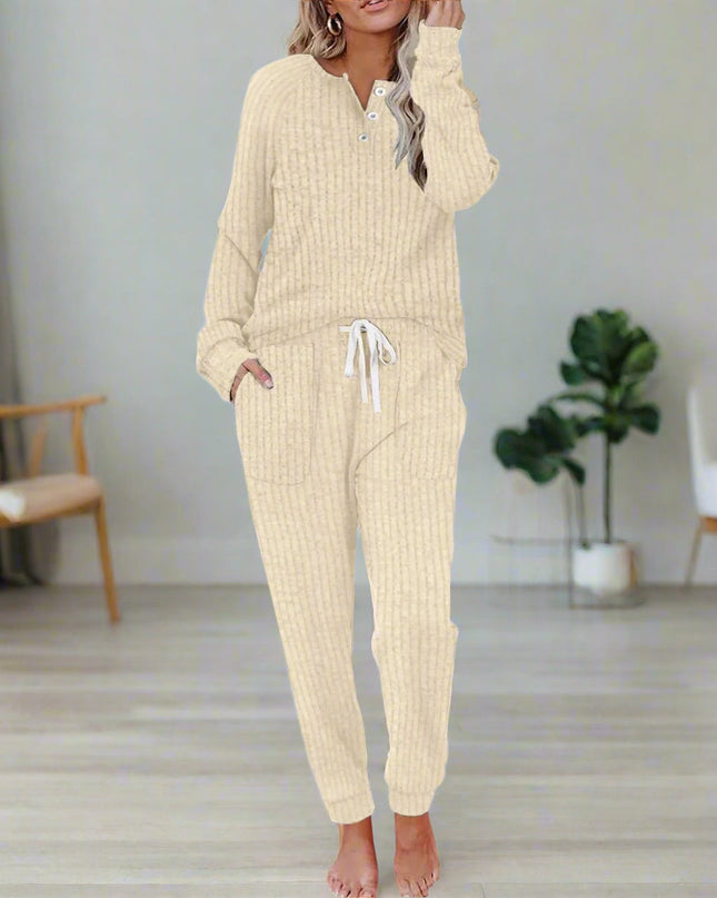 Women's Ribbed Knit Lounge Set Henley Top and Jogger Pants