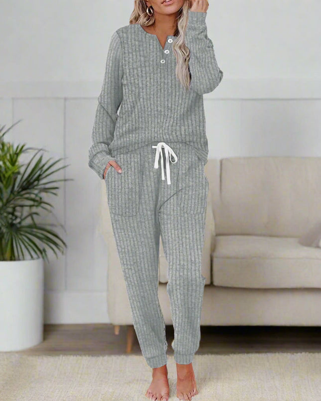 Women's Ribbed Knit Lounge Set Henley Top and Jogger Pants