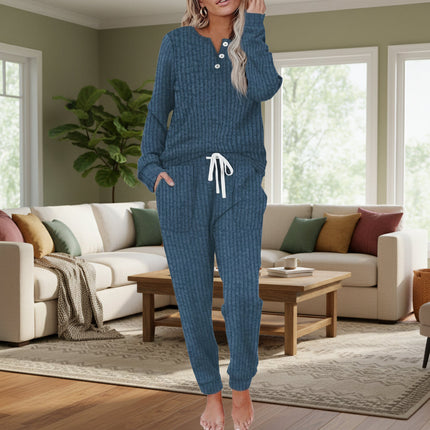 Women's Ribbed Knit Lounge Set Henley Top and Jogger Pants