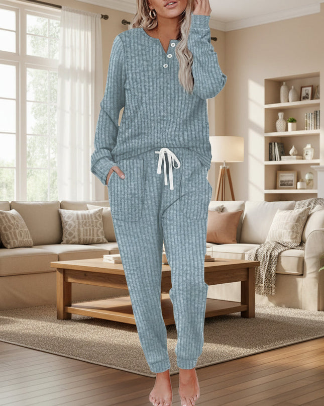 Women's Ribbed Knit Lounge Set Henley Top and Jogger Pants