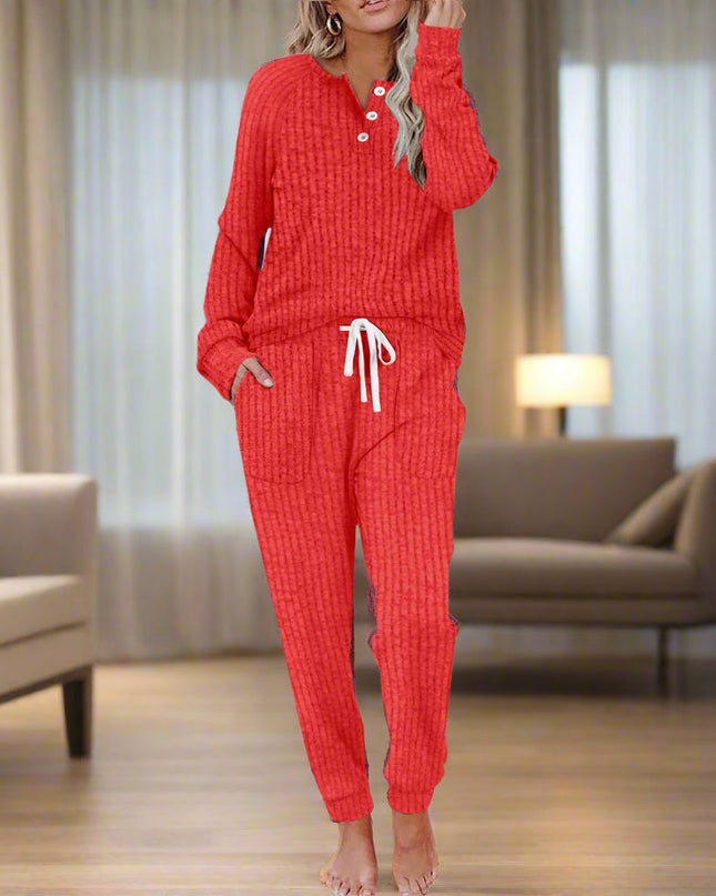 Women's Ribbed Knit Lounge Set Henley Top and Jogger Pants