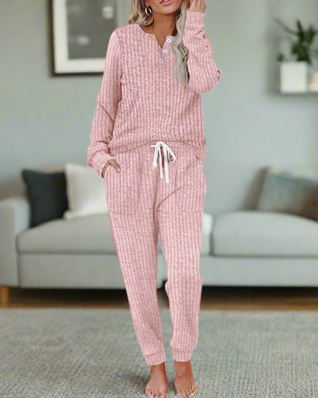 Women's Ribbed Knit Lounge Set Henley Top and Jogger Pants