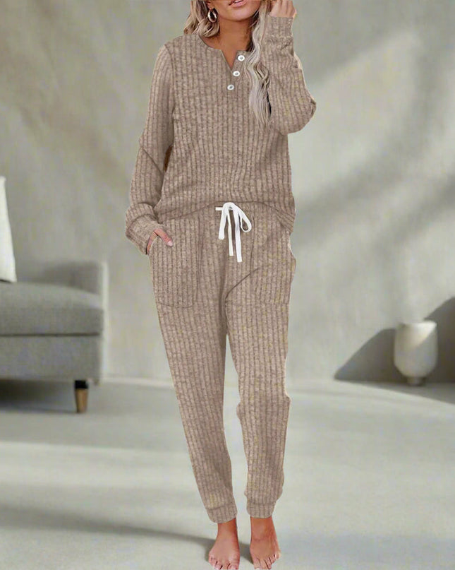 Women's Ribbed Knit Lounge Set Henley Top and Jogger Pants