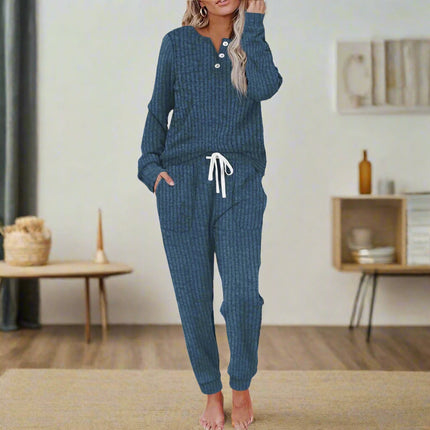 Women's Ribbed Knit Lounge Set Henley Top and Jogger Pants