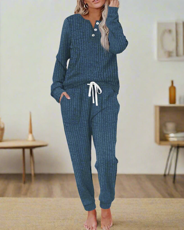 Women's Ribbed Knit Lounge Set Henley Top and Jogger Pants