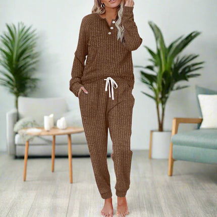 Women's Ribbed Knit Lounge Set Henley Top and Jogger Pants