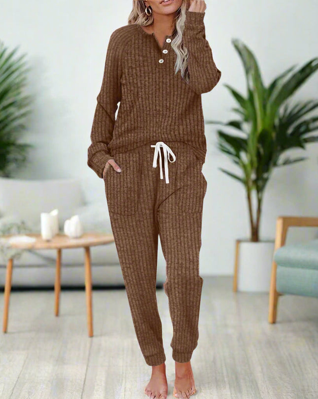 Women's Ribbed Knit Lounge Set Henley Top and Jogger Pants