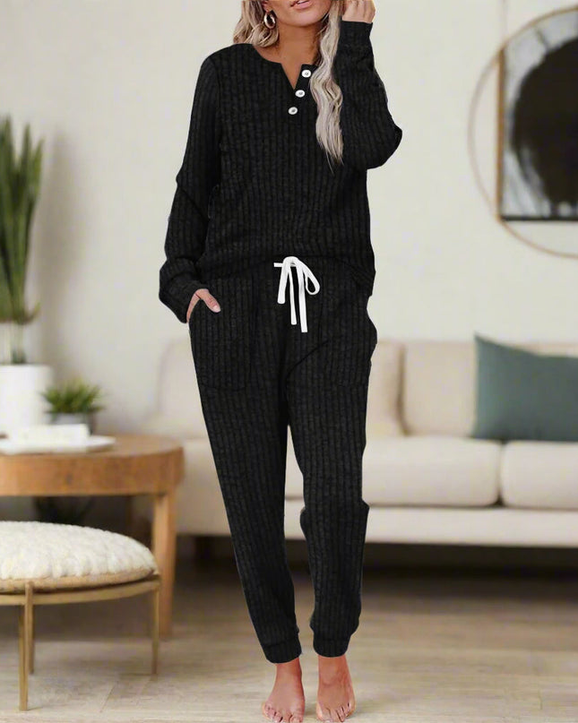Women's Ribbed Knit Lounge Set Henley Top and Jogger Pants