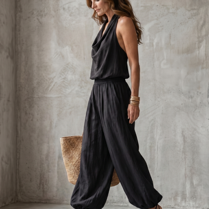 Women's Sleeveless Jumpsuit Draped Neck Wide Leg Fit