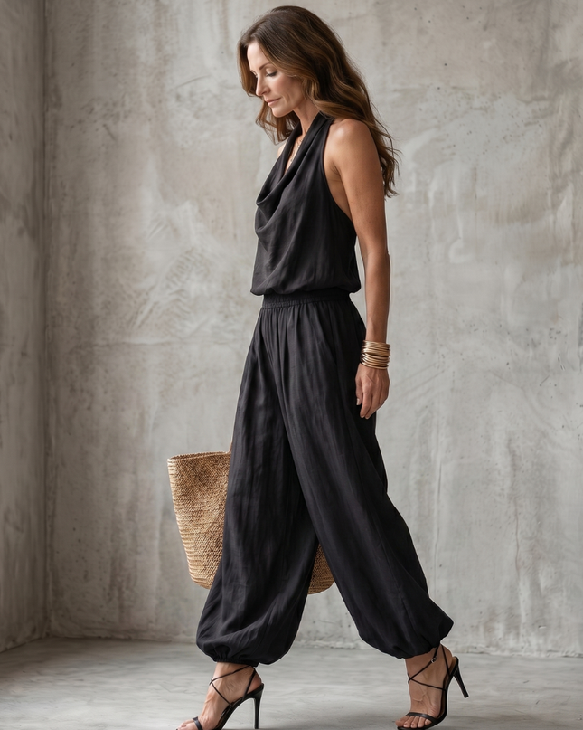 Women's Sleeveless Jumpsuit Draped Neck Wide Leg Fit