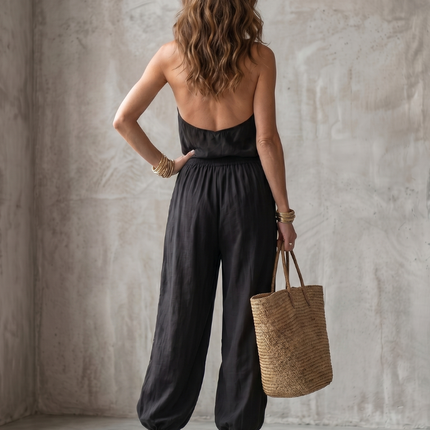 Women's Sleeveless Jumpsuit Draped Neck Wide Leg Fit