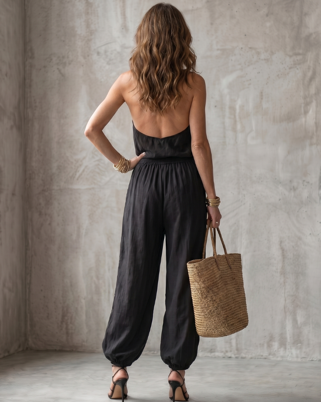 Women's Sleeveless Jumpsuit Draped Neck Wide Leg Fit