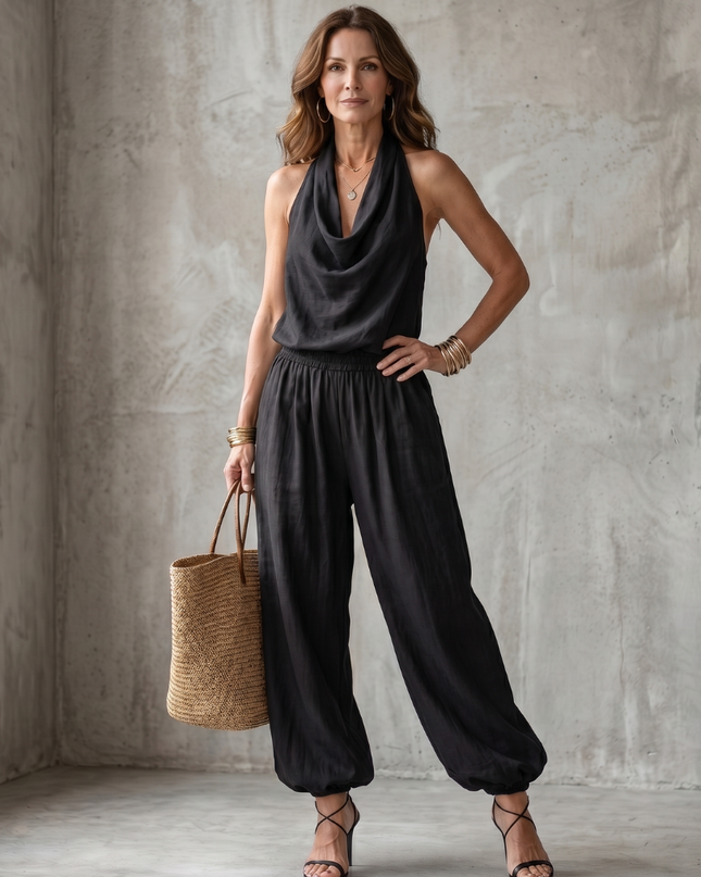 Women's Sleeveless Jumpsuit Draped Neck Wide Leg Fit