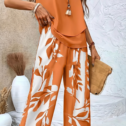 Women's Sleeveless Layered Top and Printed Wide Leg Trousers Set