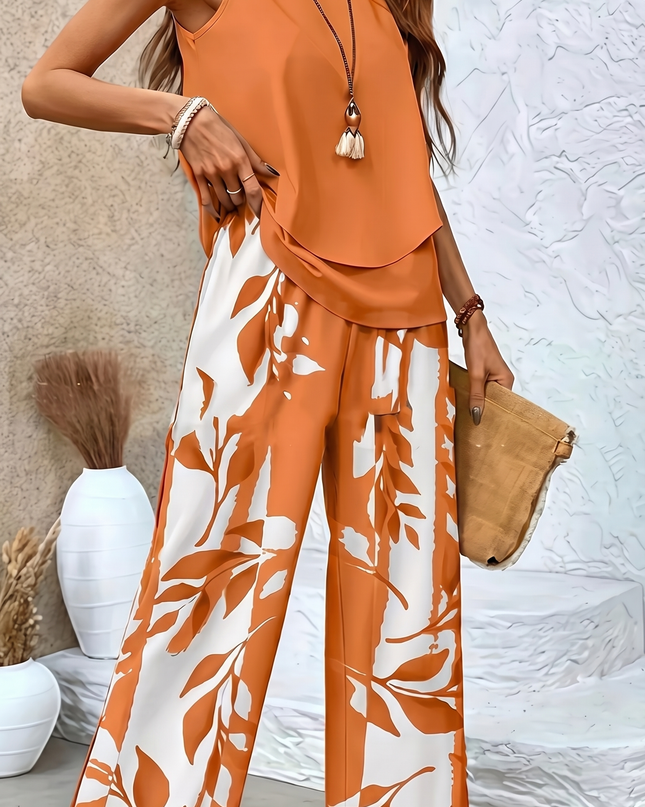 Women's Sleeveless Layered Top and Printed Wide Leg Trousers Set