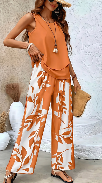 Women's Sleeveless Layered Top and Printed Wide Leg Trousers Set