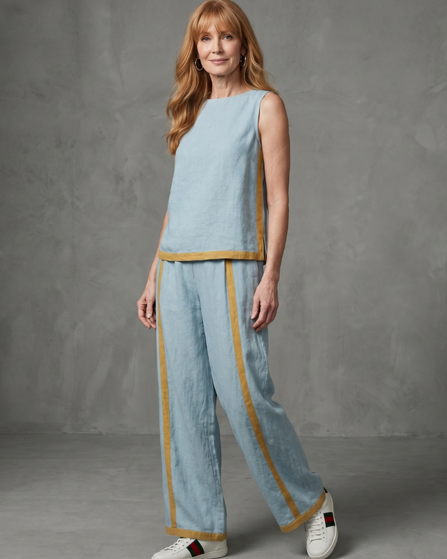 Women's Sleeveless Pants Set Contrast Trim Wide Leg Trousers