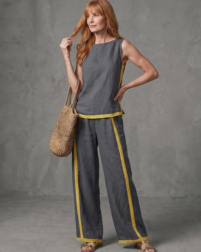 Women's Sleeveless Pants Set Contrast Trim Wide Leg Trousers