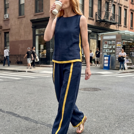 Women's Sleeveless Pants Set Contrast Trim Wide Leg Trousers