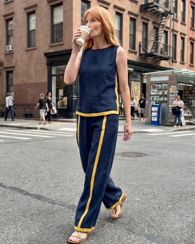 Women's Sleeveless Pants Set Contrast Trim Wide Leg Trousers