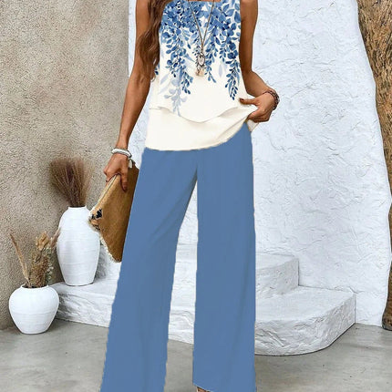 Women's Sleeveless Pants Set Printed Layered Top