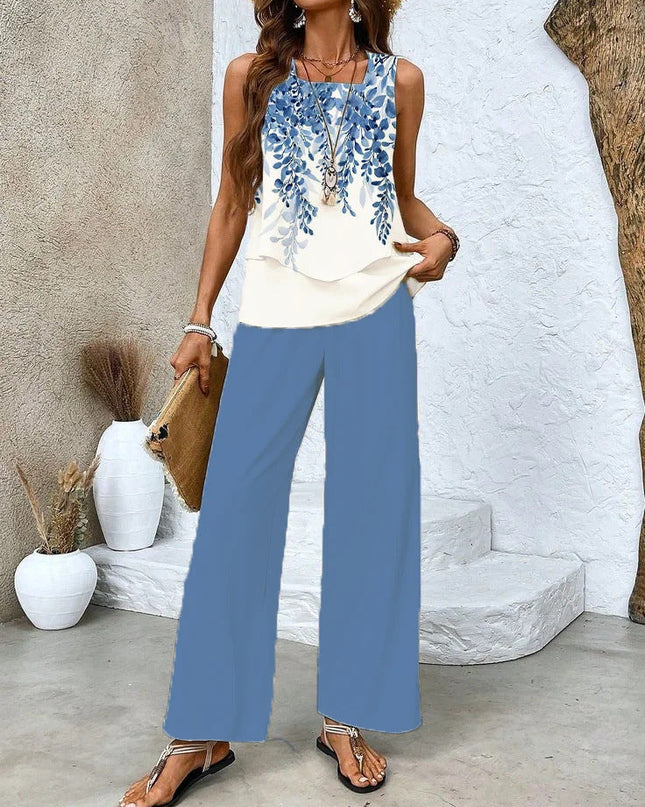 Women's Sleeveless Pants Set Printed Layered Top