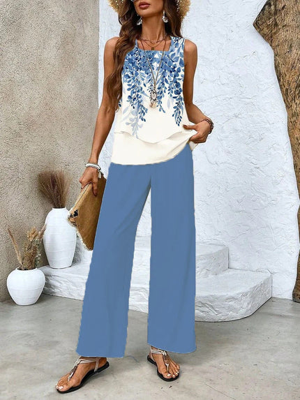 Women's Sleeveless Pants Set Printed Layered Top