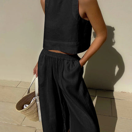Women's Sleeveless Two Piece Set Cropped Top and Wide Leg Pants