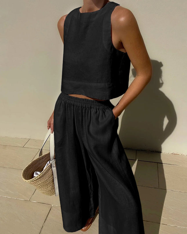 Women's Sleeveless Two Piece Set Cropped Top and Wide Leg Pants