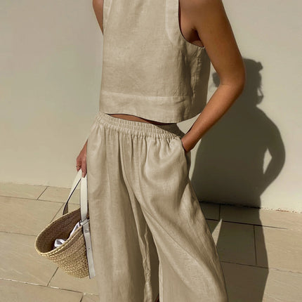 Women's Sleeveless Two Piece Set Cropped Top and Wide Leg Pants