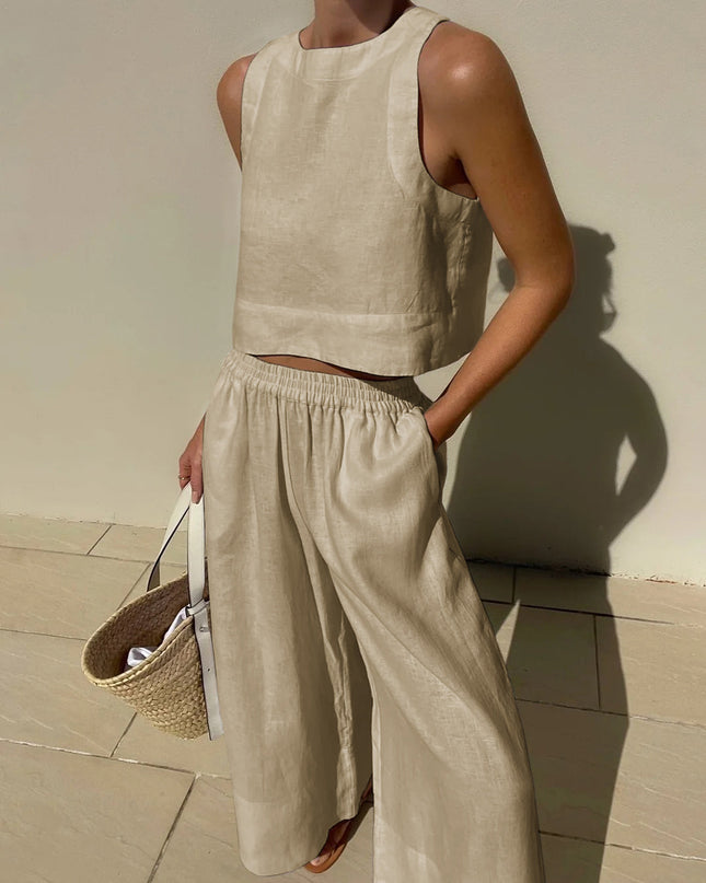 Women's Sleeveless Two Piece Set Cropped Top and Wide Leg Pants