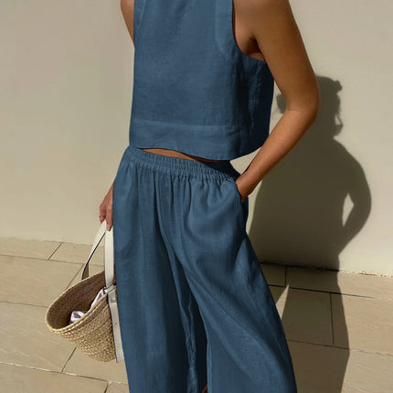 Women's Sleeveless Two Piece Set Cropped Top and Wide Leg Pants