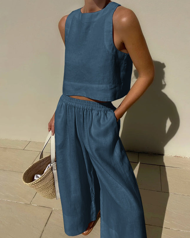 Women's Sleeveless Two Piece Set Cropped Top and Wide Leg Pants