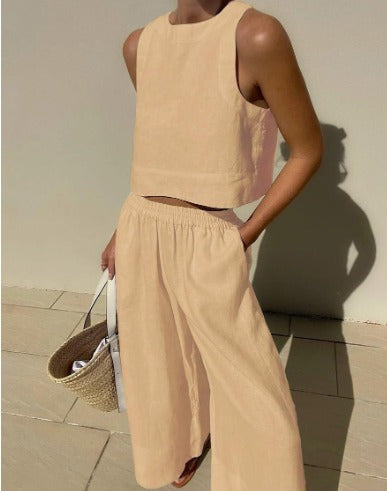 Women's Sleeveless Two Piece Set Cropped Top and Wide Leg Pants