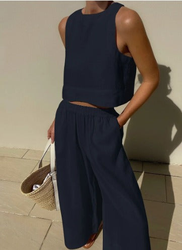 Women's Sleeveless Two Piece Set Cropped Top and Wide Leg Pants