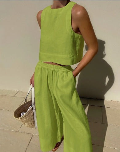 Women's Sleeveless Two Piece Set Cropped Top and Wide Leg Pants