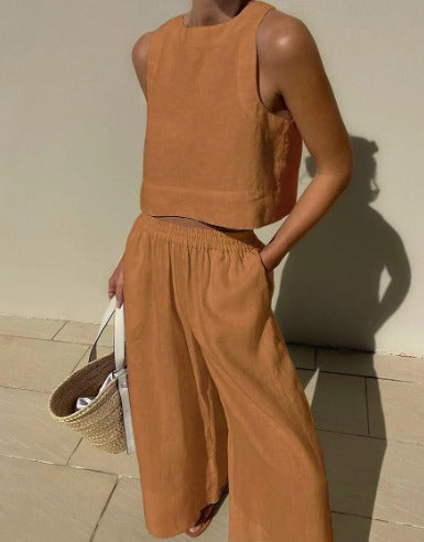Women's Sleeveless Two Piece Set Cropped Top and Wide Leg Pants