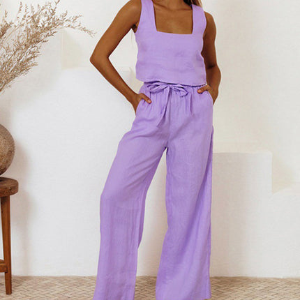 Women's Sleeveless Two Piece Set Tank Top and Wide Leg Pants