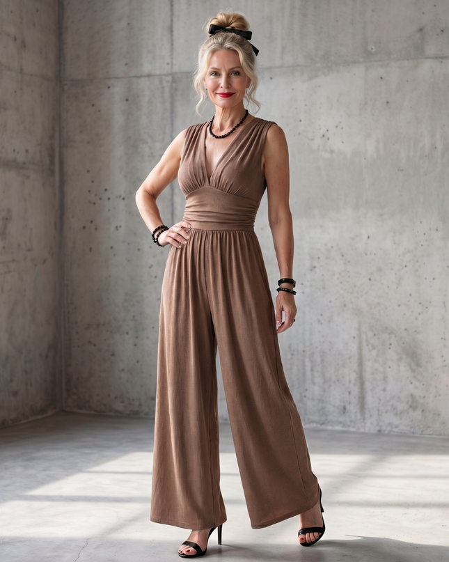 Women's Sleeveless Wide Leg Jumpsuit Gathered Waist