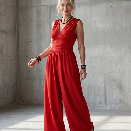 Women's Sleeveless Wide Leg Jumpsuit Gathered Waist