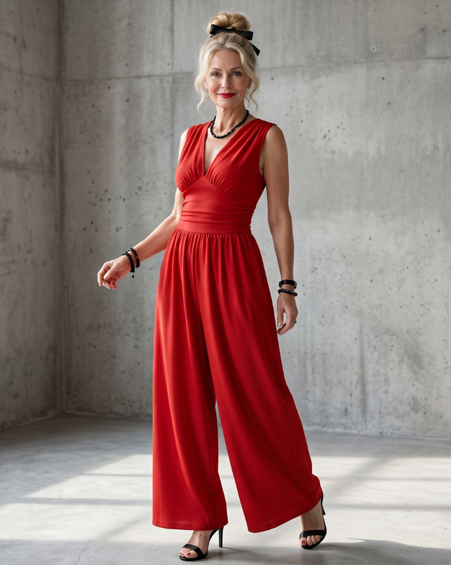 Women's Sleeveless Wide Leg Jumpsuit Gathered Waist