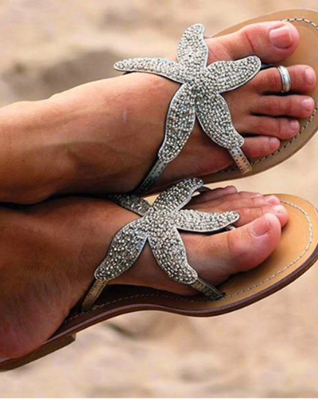 Women's Slip-On Beach Sandals with Rhinestone Straps