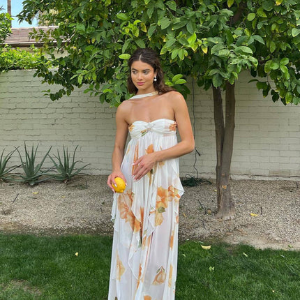 Women's Strapless Maxi Wedding Guest Dress with Floral Print