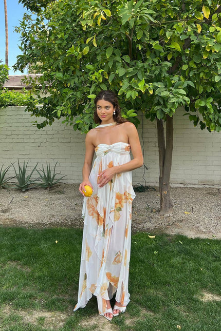 Women's Strapless Maxi Wedding Guest Dress with Floral Print
